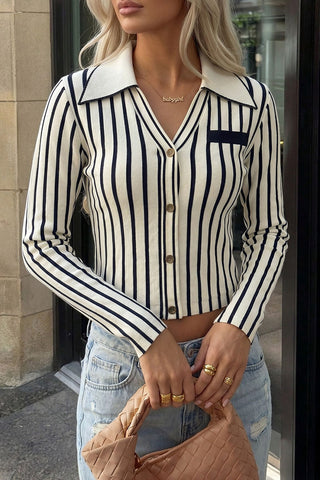 Striped V-Neck Button-Front Crop Cardigan