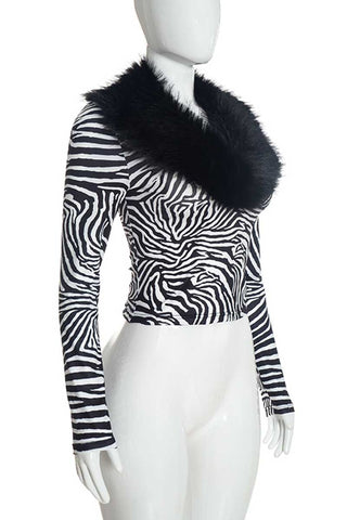 Faux Fur Collar Zebra Print Long Sleeve Top