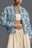Floral Print Ribbed Trim Zip-Up Bomber Coat