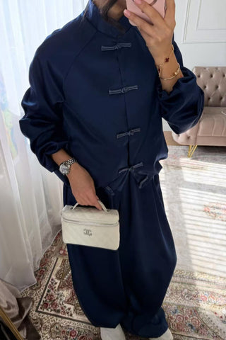 Tie Closure Stand Collar Wide Leg Pants Set
