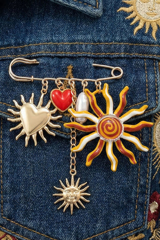 Sun and Heart Charm Safety Pin Brooch