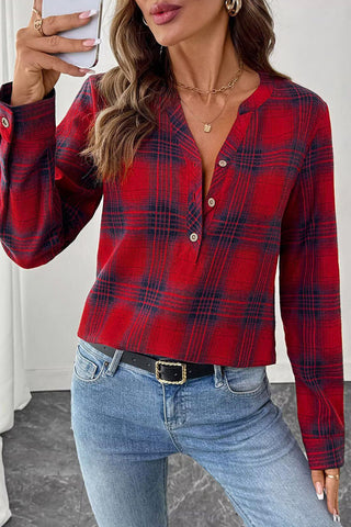 Plaid V-Neck Button-Front Long Sleeve Shirt
