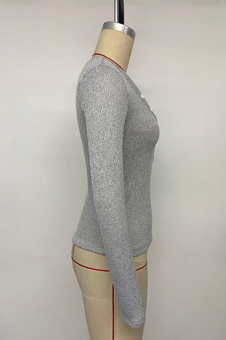 Ribbed Lace Trim Button-Front Long Sleeve Top