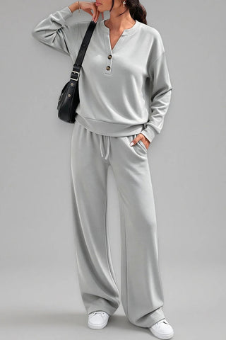 Button Placket Long Sleeve Wide-Leg Pants Set