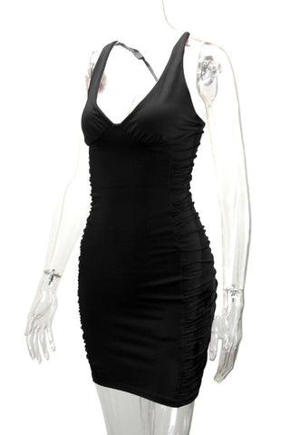 Ruched V-Neck Sleeveless Bodycon Mini Dress