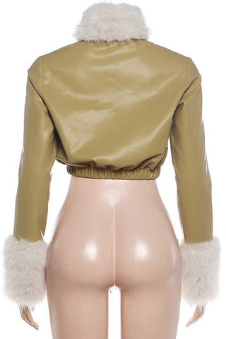 Faux Fur Trim Double-Breasted Crop Jacket