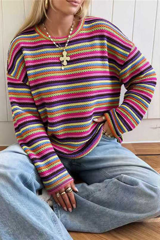 Striped Crew Neck Long Sleeve Knit Top