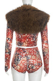 Faux Fur Snake Print Tie Front Top