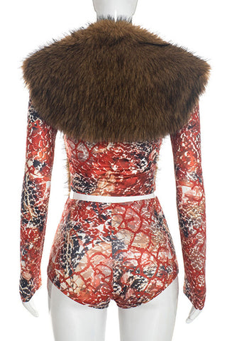 Faux Fur Snake Print Tie Front Top