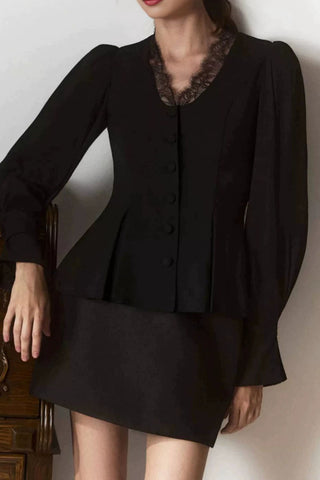 Lace V-Neck Puff Sleeve Button Blouse