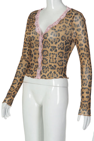 Sheer Leopard Lace Trim Button Front Top