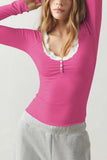 Lace Trim Ribbed Henley Long Sleeve Top
