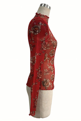 Sheer Floral Mock Neck Long Sleeve Blouse