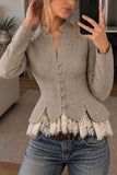 Collarless Button-Front Lace Trim Jacket