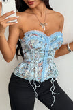 Ruffle Trim Paisley Lace-Up Corset Top