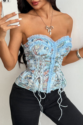 Ruffle Trim Paisley Lace-Up Corset Top