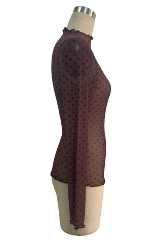 Sheer Polka Dot Mock Neck Long Sleeve Top