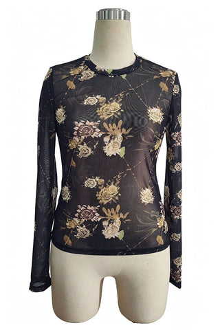 Sheer Floral Mock Neck Long Sleeve Top