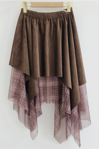 Plaid Mesh Overlay Asymmetrical Midi Skirt