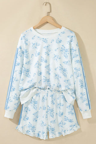 Floral Crew Neck Ruffle Short Set