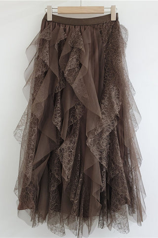 Layered Lace Mesh Ruffle Midi Skirt