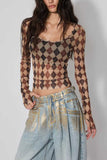 Sheer Plaid Long Sleeve Graphic T-shirt