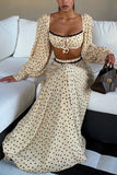 Polka Dot Long Sleeve Square Neck Skirt Set