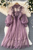 Floral Lace Mock Neck Puff Sleeve Dress