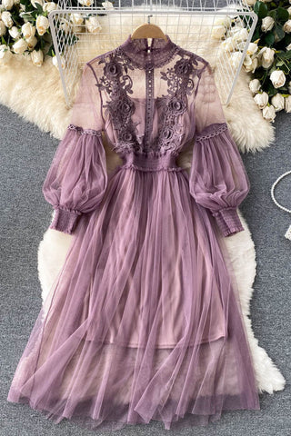 Floral Lace Mock Neck Puff Sleeve Dress
