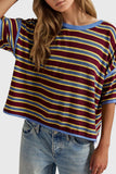 Striped Contrast Hem Crew Neck T-Shirt