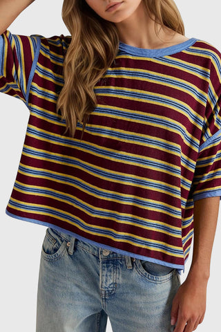 Striped Contrast Hem Crew Neck T-Shirt