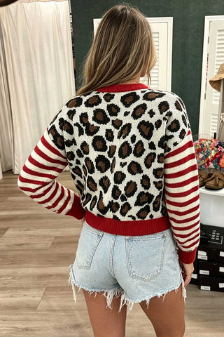 Leopard Print Striped Sleeve Button-Front Cardigan