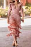 V-Neck Puff Sleeve Tiered Fringe Dress