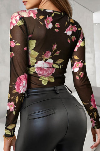 Sheer Floral Long Sleeve Crew Neck Top