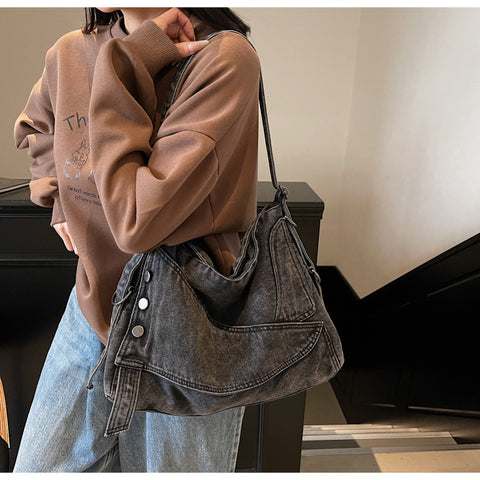 Button Denim Hobo Bag