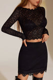 Sheer Floral Lace Long Sleeve Crop Blouse