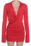 Deep V-Neck Ruched Long Sleeve Mini Dress