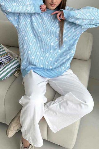 Bird Motif Crew Neck Knit Sweater