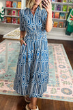 Patterned Button-Front Smocked Midi Dress