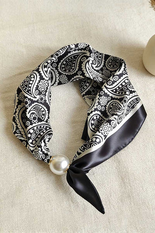 Paisley Print Satin Scarf with Pearl Ring