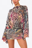Animal Print Bell Sleeve Mini Casual Dress