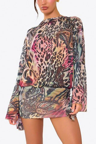 Animal Print Bell Sleeve Mini Casual Dress