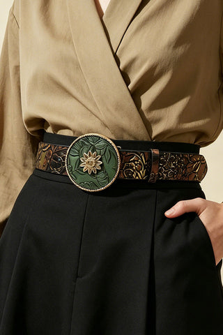 Embossed Floral Round Buckle Belt