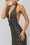 Polka Dot Halter V-Neck Maxi Dress