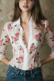 Sheer Floral Lace Trim Button-Front Blouse