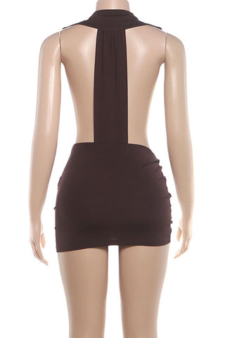 Sleeveless Plunge Neck Ruched Mini Skirt Set