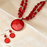 Round Pendant Beaded Necklace and Earrings Set