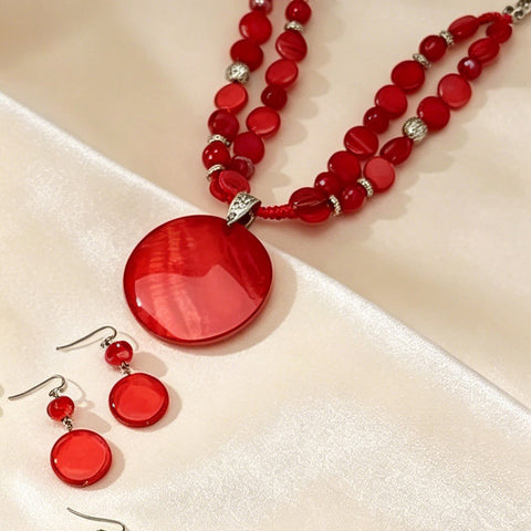 Round Pendant Beaded Necklace and Earrings Set