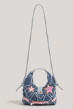 Star Patch Frayed Denim Hobo Bag