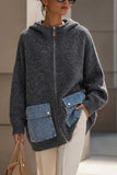 Hooded Zip-Front Denim Pocket Cardigan